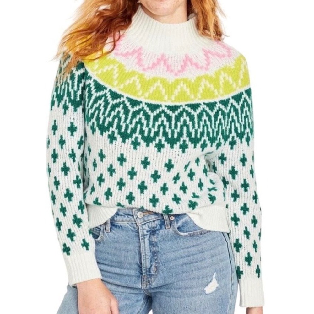 Old Navy Girl XL 14-16 Mock Neck Fair Isle Cropped Sweater Cream Green Pink Cozy